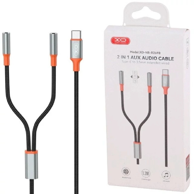 کابل انتقال صدای تایپ سی به جک 3.5 میلی متری 1.2 متری ایکس او R269B XO cable کد ۵۱۲۹