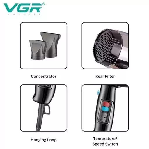 سشوار وی جی آر مدل V-466 با باد سرد و متمرکزکننده