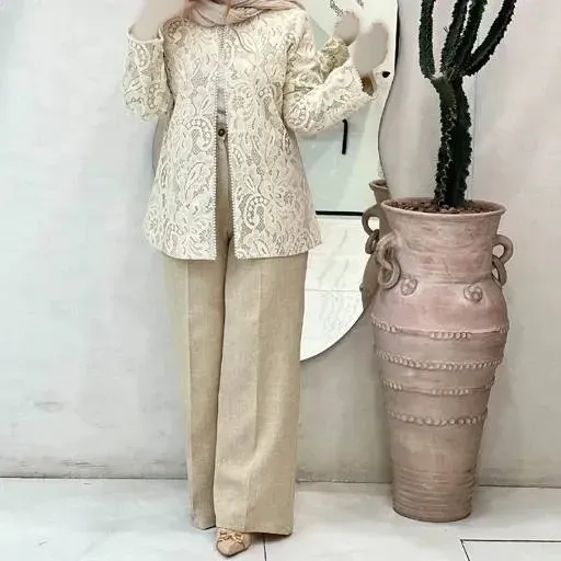 ست مانتو و شلوار مجلسی زنانه گیپور و مازراتی مرواریدی مدل مزونی