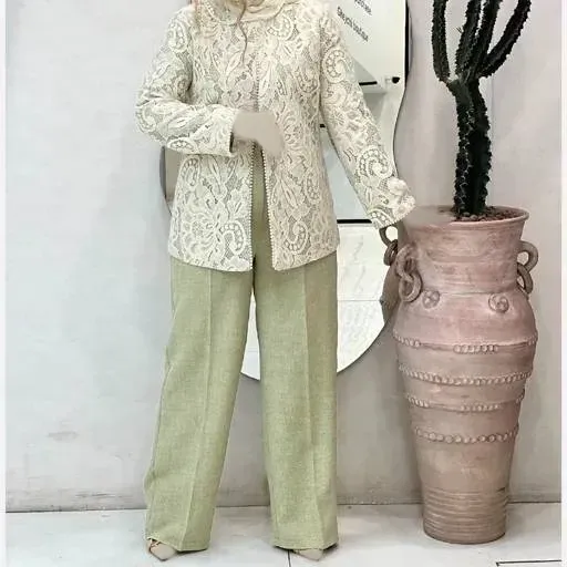 ست مانتو و شلوار مجلسی زنانه گیپور و مازراتی مرواریدی مدل مزونی