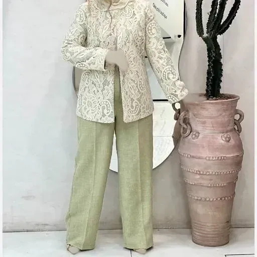 ست مانتو و شلوار مجلسی زنانه گیپور و مازراتی مرواریدی مدل مزونی