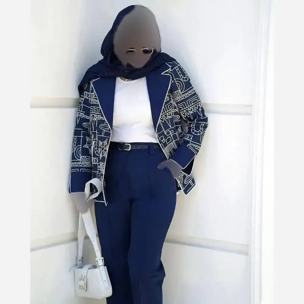 ست کت و شلوار زنانه مدل شادی جنس مازراتی رنگ سرمه ای سایز 36 تا 50
