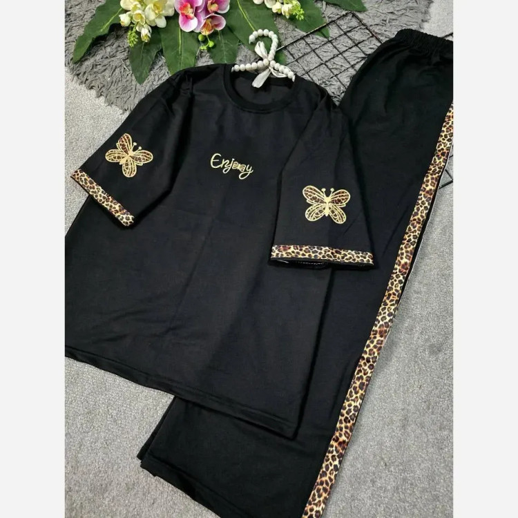 ست تیشرت و شلوار زنانه مدل گیلدا جنس پنبه گلکسی رنگ مشکی فری سایز 38 تا 46