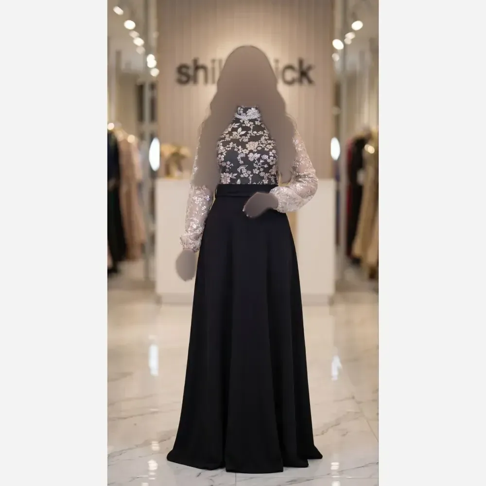 پیراهن مجلسی زنانه مدل هاریکا جنس فلامنت و تور رنگ مشکی قد 160