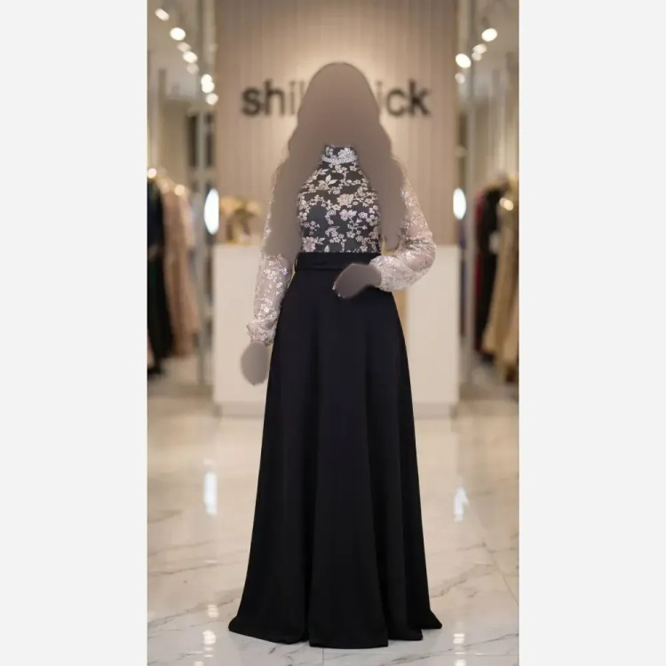 پیراهن زنانه مدل فریال جنس فلامنت و تور رنگ مشکی قد 160