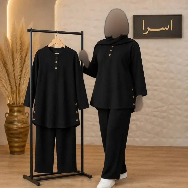 ست دوتکه زنانه مدل ستاره جنس شانتون اعلا رنگ مشکی سایز فری سایز