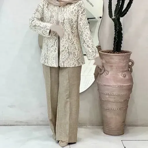 ست مانتو و شلوار مجلسی گیپور و مازراتی مرواریدی زنانه
