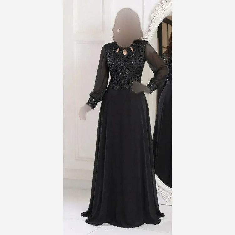 پیراهن مجلسی زنانه حریر سایز بزرگ کاپدار بالاتنه دانتل سنگدوزی شده مشکی