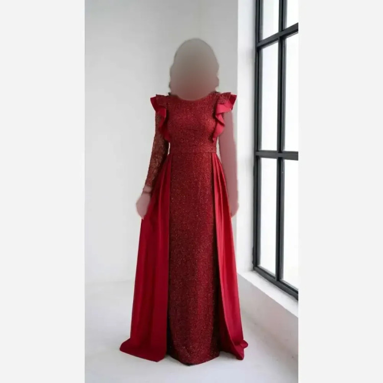 پیراهن مجلسی زنانه ساتن تافته مدل لاله دامن پرچین کاپدار سایز 36 تا 52