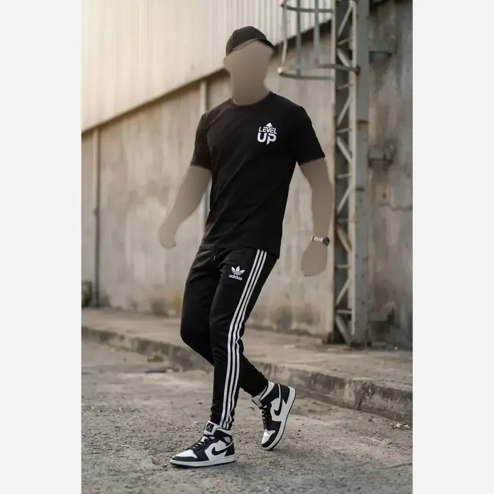 ست تیشرت و شلوار مردانه مشکی پنبه سوپر و اسپان نخ سه طرح