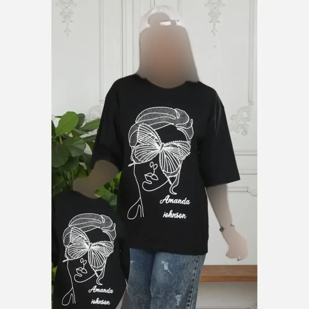 تیشرت چشم مروارید نخ پنبه باکیفیت فری سایز تا 48 مشکی