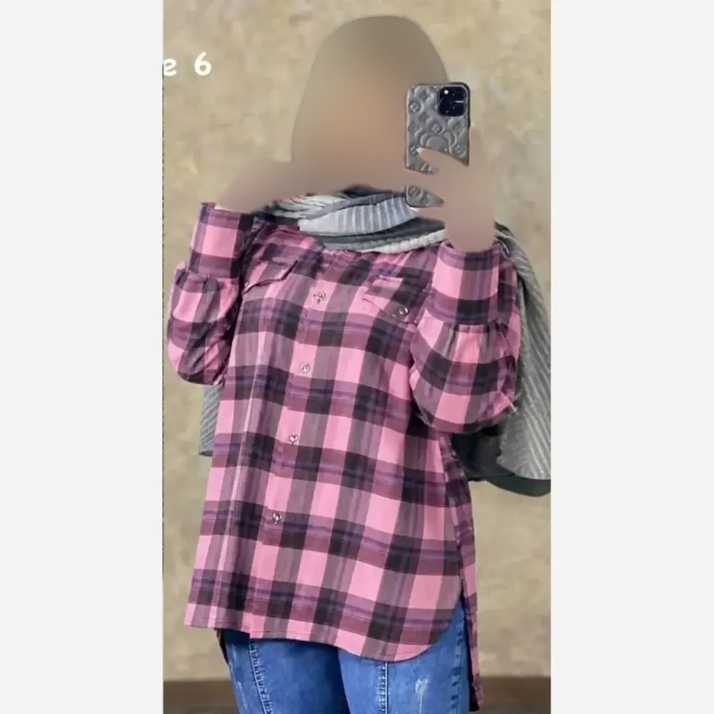 مانتو چهارخونه کتان نخ صورتی فری سایز تا 46