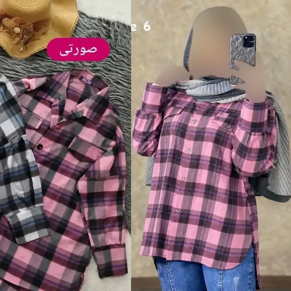 مانتو چهارخونه کتان نخ صورتی فری سایز تا 46