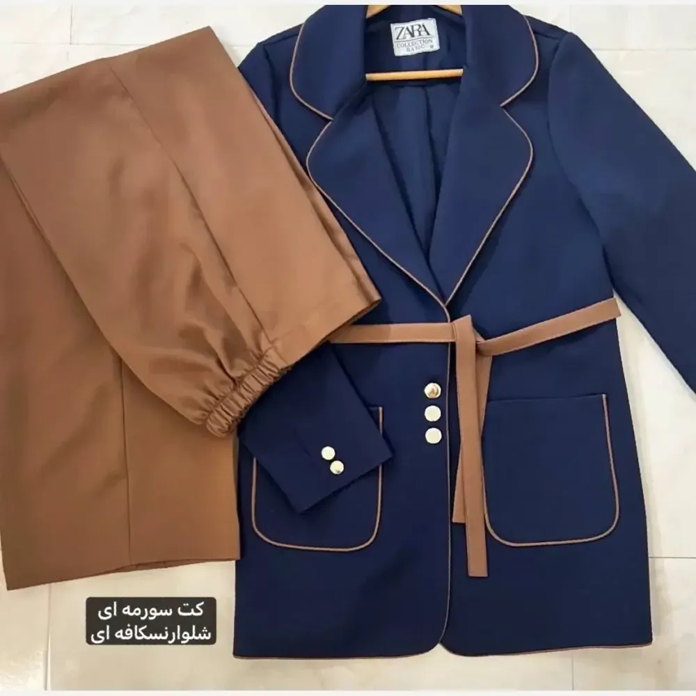 کت و شلوار زنانه دو رنگ کرپ مازراتی درجه یک بگ با کمربند