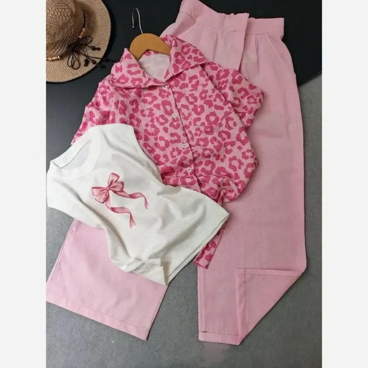 سه تیکه شومیز گرهای پنزی پفکی و تاپ فانریپ با شلوار بگ طرح پلنگی