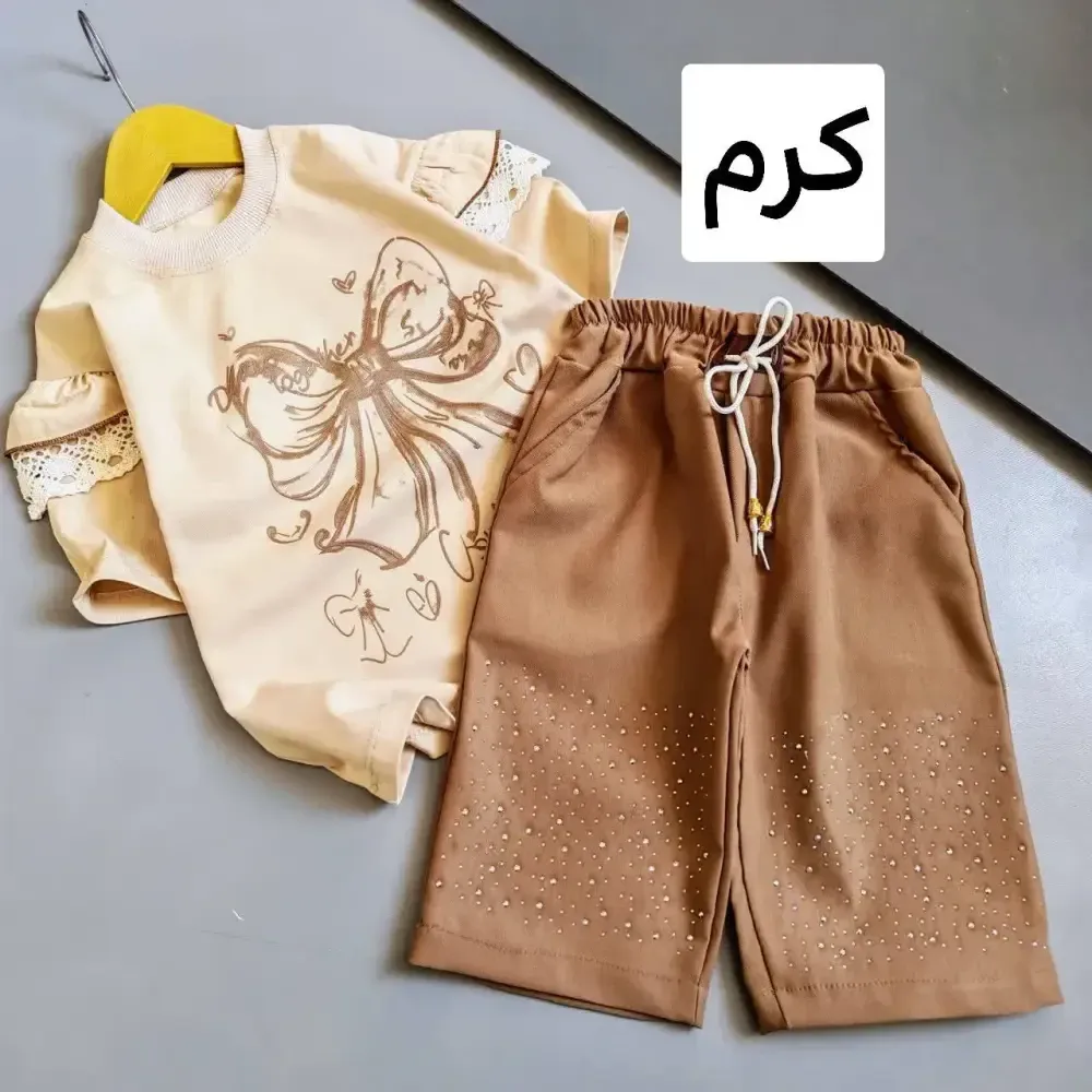 ست تیشرت و شلوارک دخترانه مدل پرنسس آستین چیندار و شلوارک کتان بنگال نگیندار سایز 45 تا 60