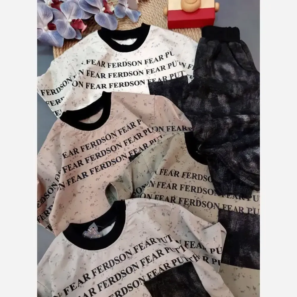 بلوز و شلوار بچگانه تدی پلنگی آستین کوتاه پنبه کتان رنگی سایز 40 تا 55