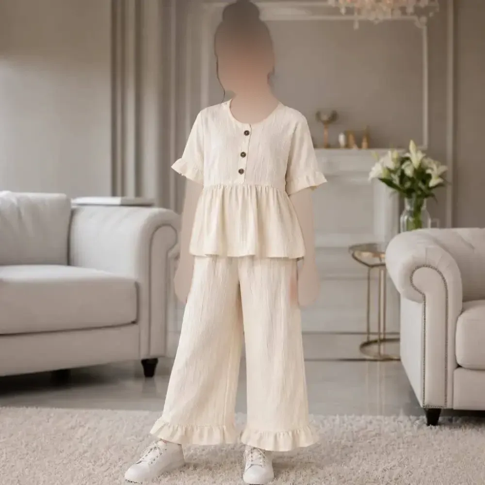 بلوز و شلوار بچگانه آستین کوتاه پنبه دورس طرح دار یقه مشکی سایز 40 تا 55