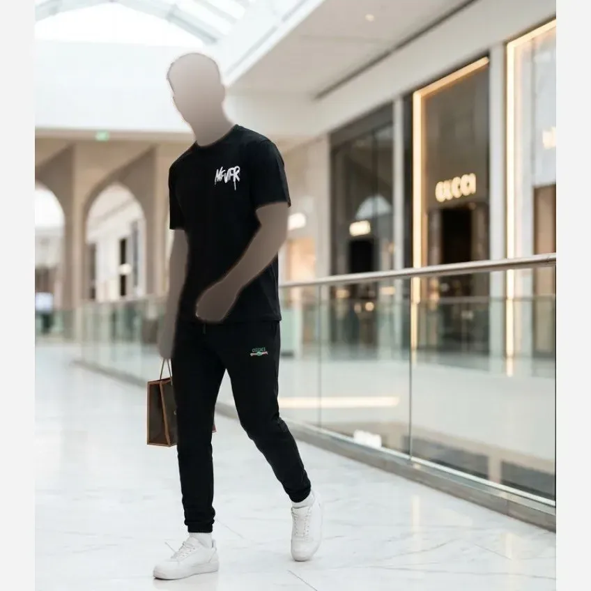 ست مردانه تیشرت پنبه سوپر و شلوار اسپان نخ سه نوار مشکی