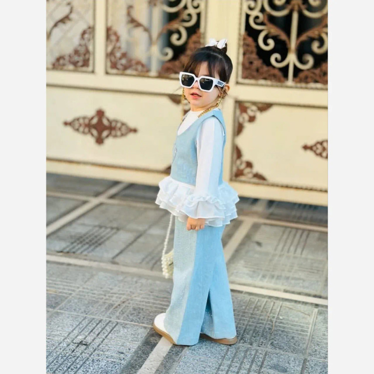 ست سه تیکه دخترانه بلوز شلوار و وست مجلسی عروسکی نگین دار مناسب 3 تا 10 سال