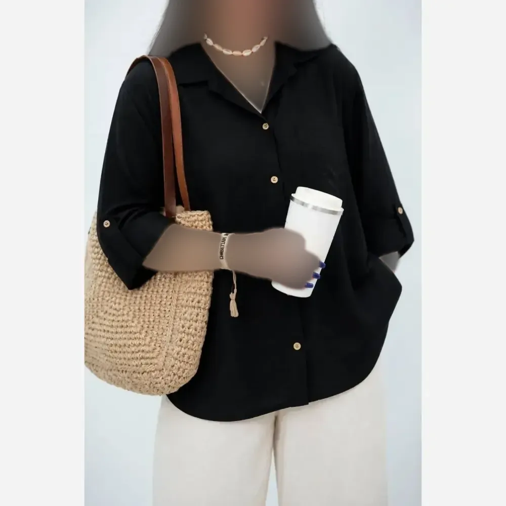 شومیز تک جیب بارانا زنانه مشکی فری سایز 38 تا 46 جنس صوفیا قد 66