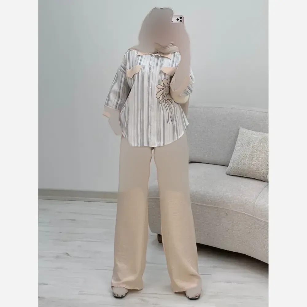 شومیز شلوار نوگل لنین بیسکویتی شانتون زنانه فری سایز کرم زرشکی