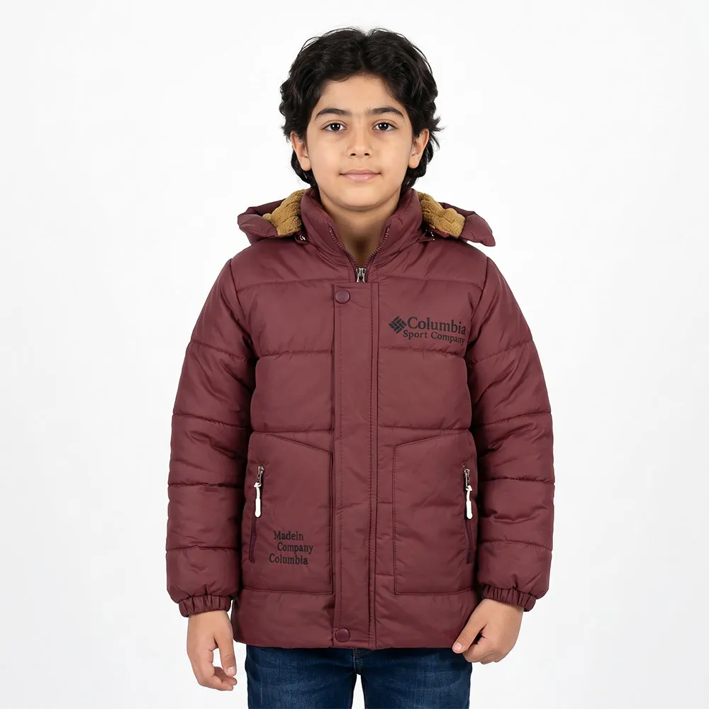 کاپشن پسرانه سیلیکونی کلمبیا رنگ عنابی آستر خز کلاه دار
