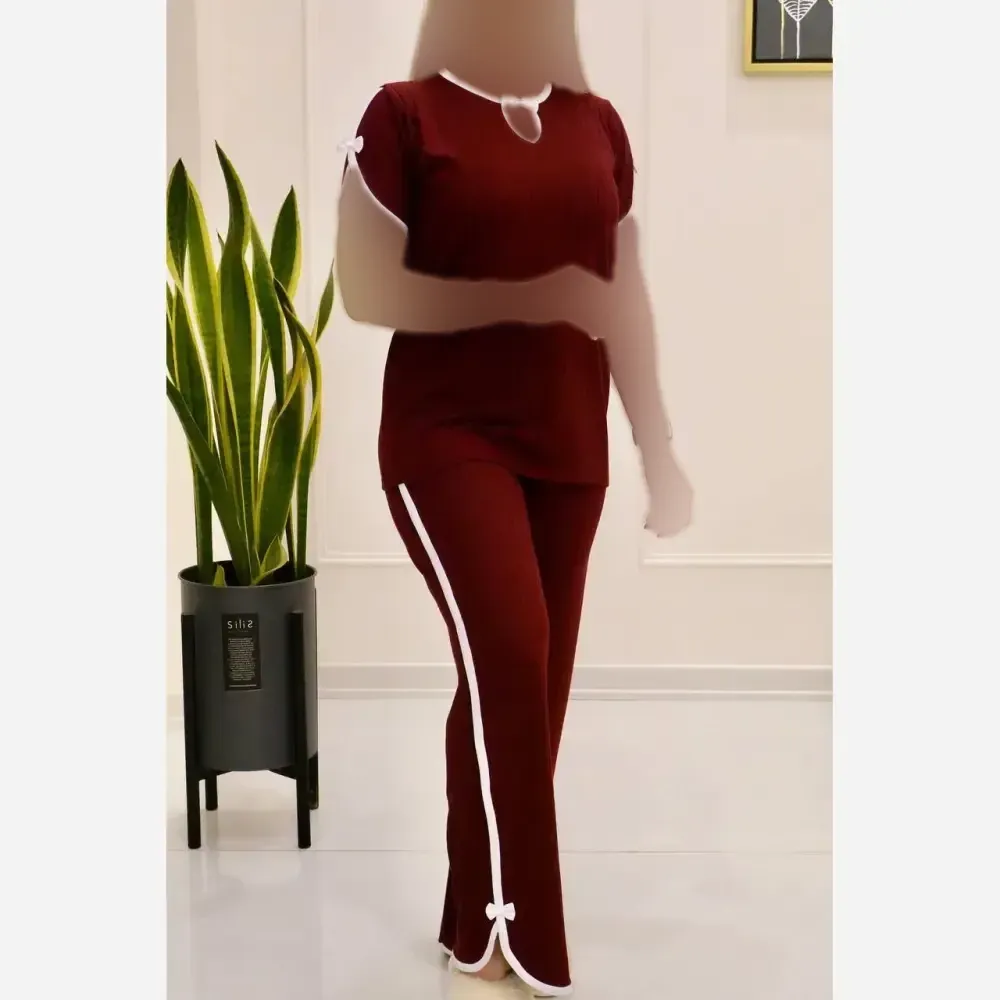 ست تیشرت شلوار پاپیون جنس آکاردئونی یقه اشکی